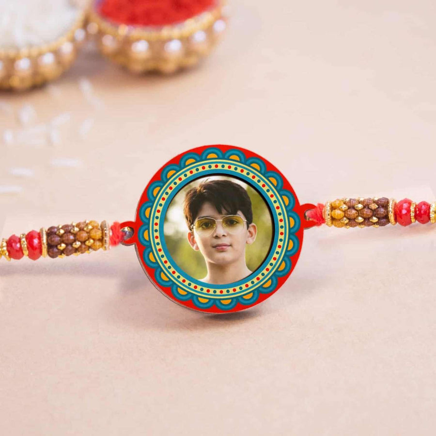 Photo Personalized Handmade Elegant Wooden Rakhi With Roli Chawal - Close-up of Photo Rakhi Centerpiece