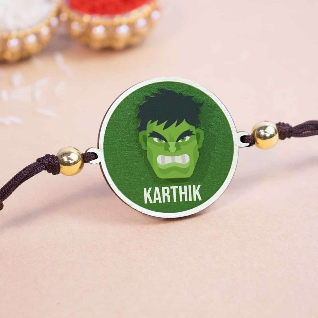 Personalized Handmade Hulk Wooden Kids Rakhi With Roli Chawal - Close-up Front View