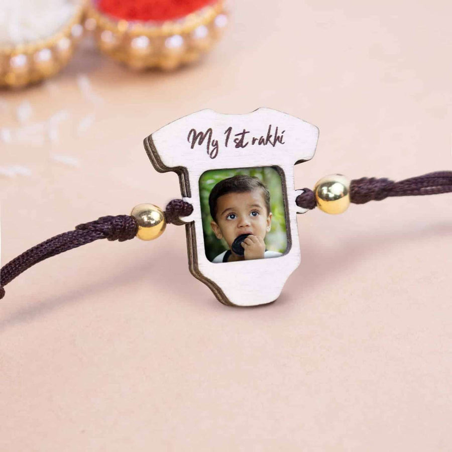 Photo Personalized Handmade My First Rakhi Wooden Kids Rakhi With Roli Chawal - Close-up of photo rakhi charm