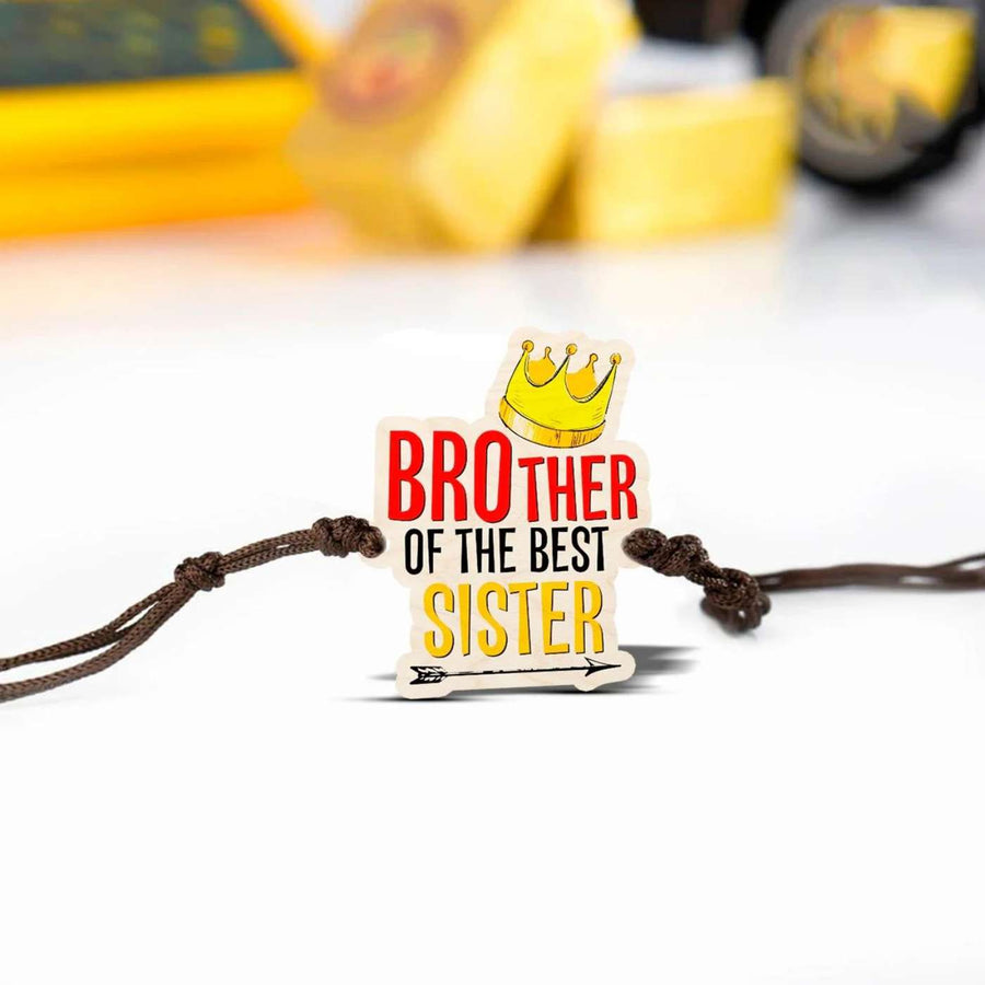 Handmade Brother Of Best Sister Wooden Rakhi With Roli Chawal - Close-up of bracelet with text