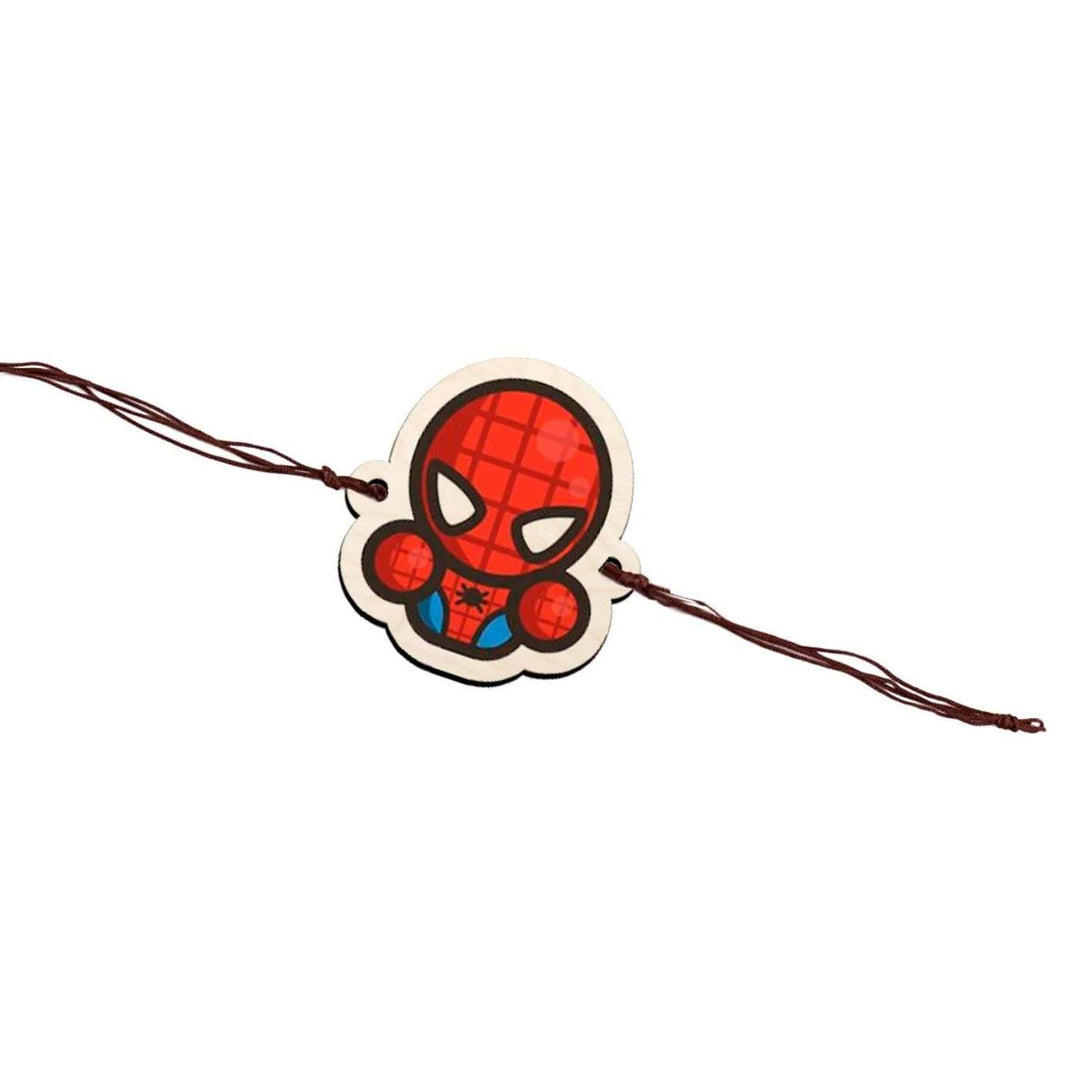Handmade Spiderman Chibi Wooden Kids Rakhi With Roli Chawal - Flat Lay on White Background