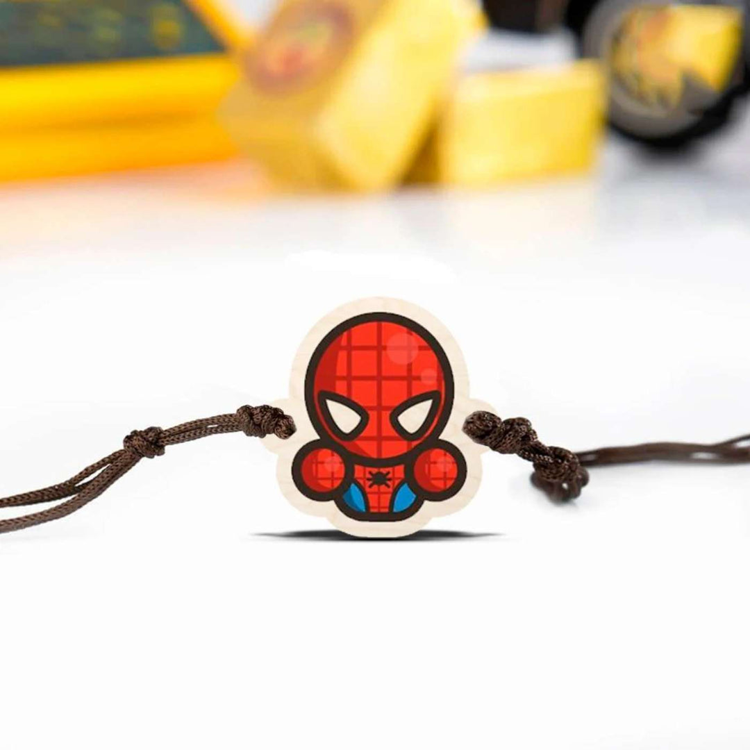 Handmade Spiderman Chibi Wooden Kids Rakhi With Roli Chawal - Front View