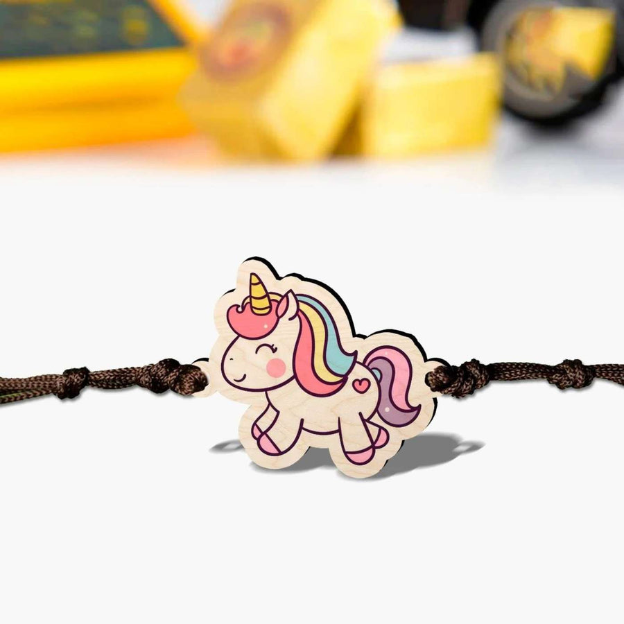 Handmade Unicorn Wooden Kids Rakhi With Roli Chawal - Close-up of Unicorn Charm