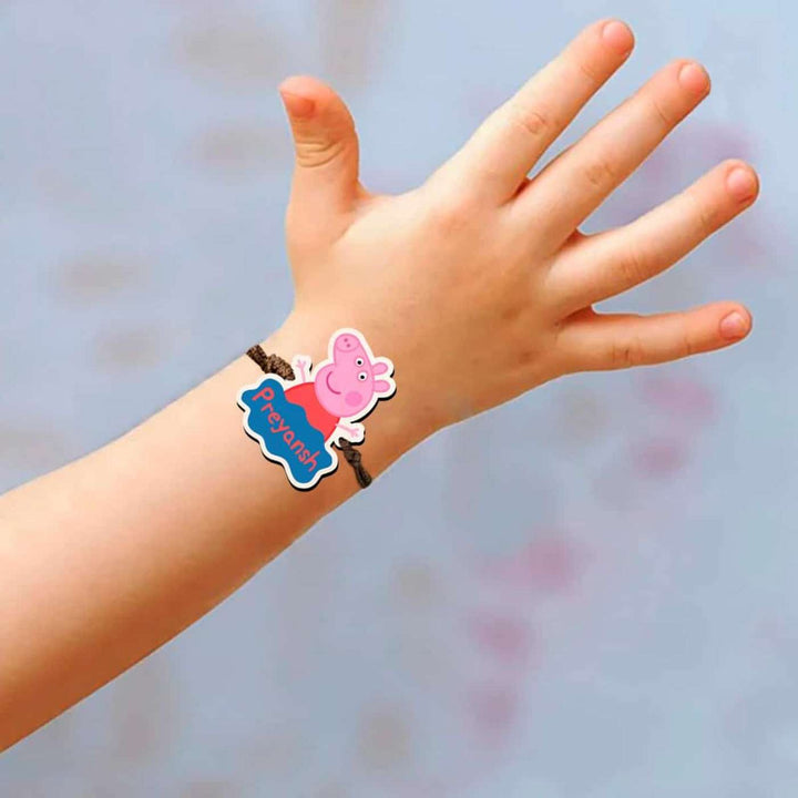 Personalized Handmade Peppa Pig Wooden Kids Rakhi With Roli Chawal - Worn on Child's Wrist