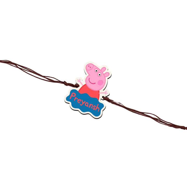 Personalized Handmade Peppa Pig Wooden Kids Rakhi With Roli Chawal - Close-up of Knot Detail