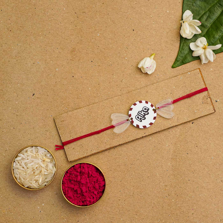 Personalized Handmade Chocolate Acrylic Kids Rakhi With Roli Chawal - Styled with traditional gift items