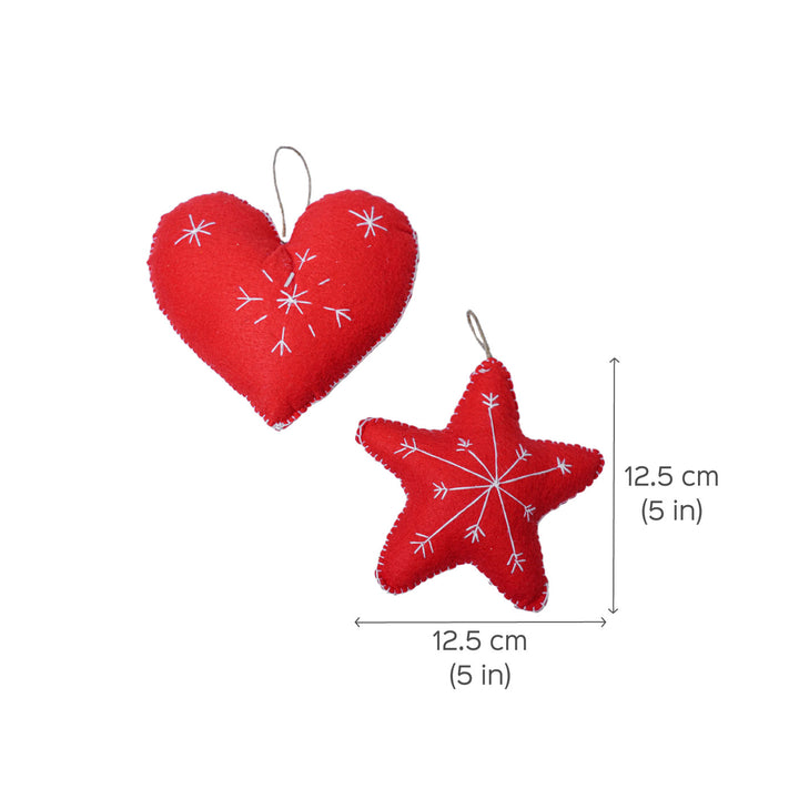 Handmade Heart & Star Embroidered Felt Ornaments For Christmas Tree Decoration | Set Of 4