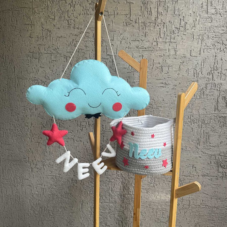 Personalized Cloud Theme Felt Kids Name Plate And Toy Basket - None (1)