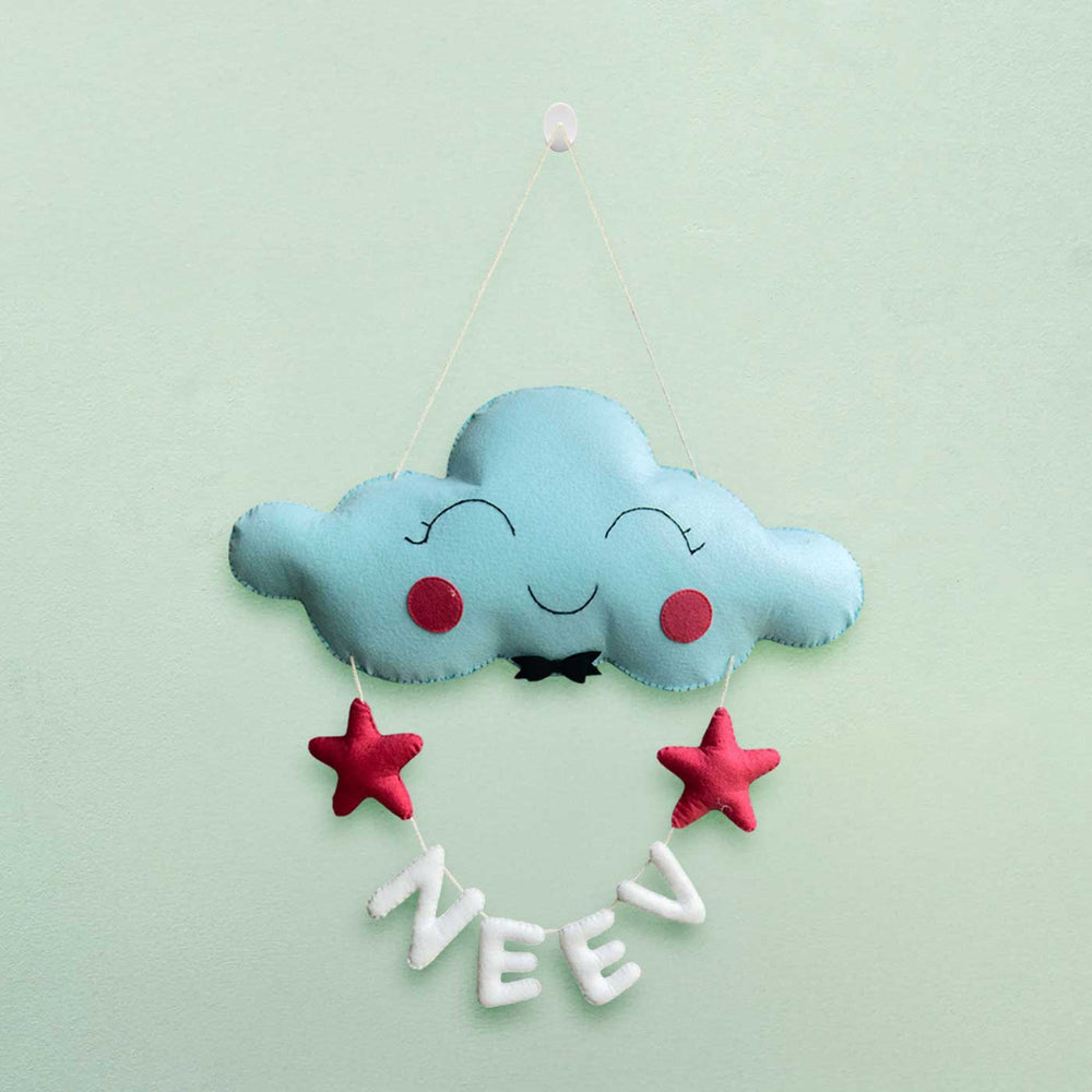 Personalized Cloud Theme Felt Kids Name Plate And Toy Basket - Hanging Front View with Name Personalization