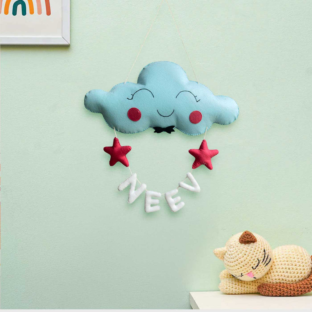 Personalized Cloud Theme Felt Kids Name Plate And Toy Basket - Hanging on Wall Display