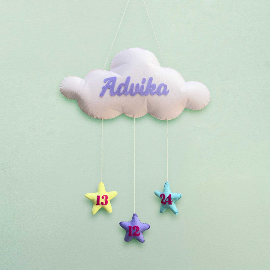 Personalized Cloud Theme Felt Kids Name Plate - Name Personalization Example Hanging View