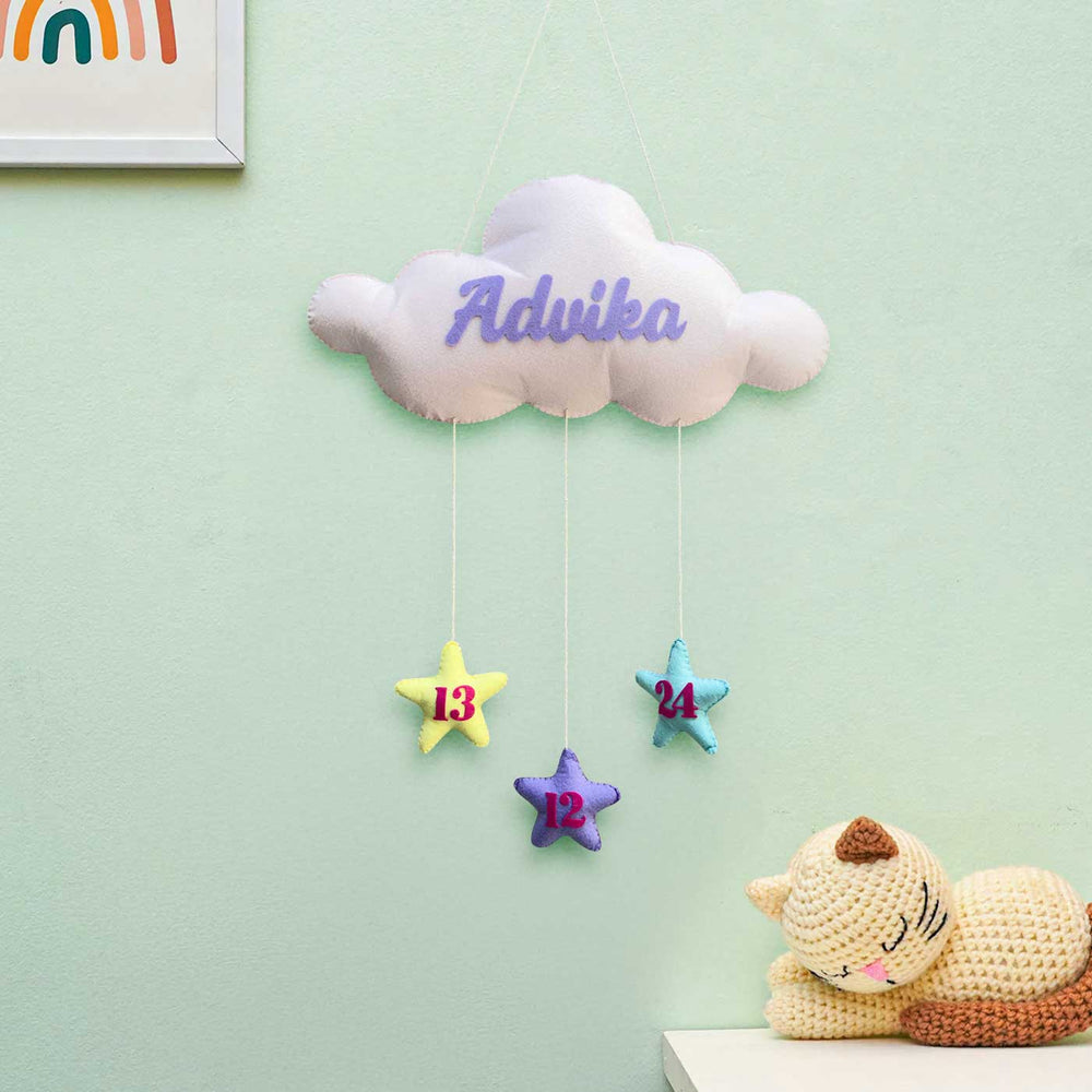 Personalized Cloud Theme Felt Kids Name Plate - Hanging with Name Personalization Example