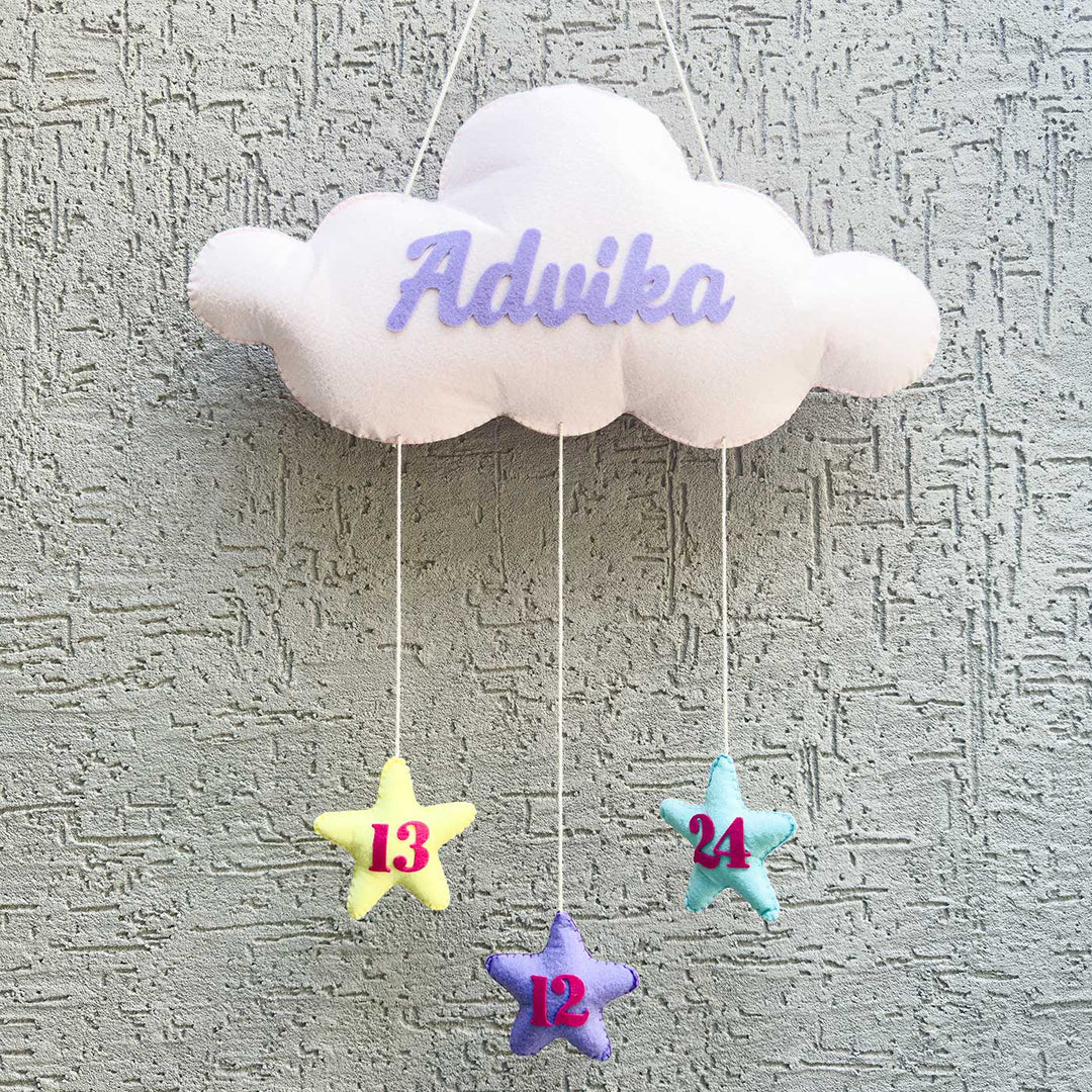 Personalized Cloud Theme Felt Kids Name Plate - Hanging Wall Display with Name Personalization