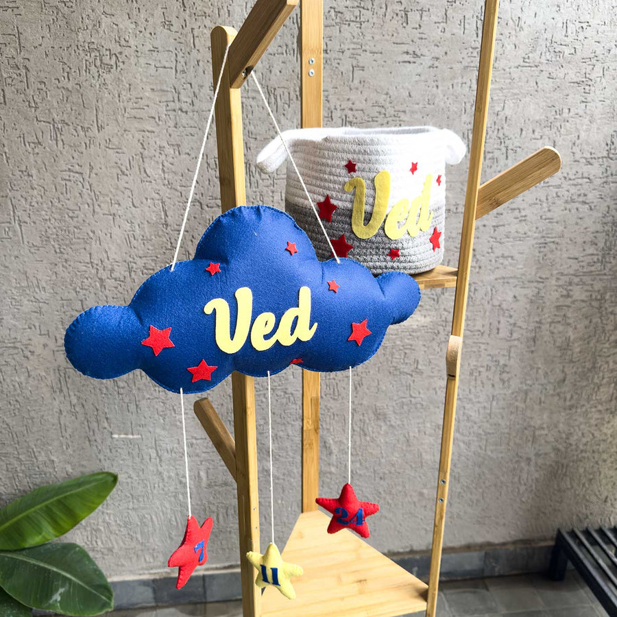 Personalized Cloud Theme Felt Kids Name Plate And Toy Basket 1 - Hanging Name Personalization Example