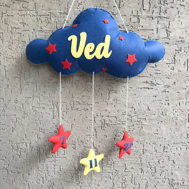 Personalized Cloud Theme Felt Kids Name Plate And Toy Basket 1 - Hanging Front View with Name Personalization