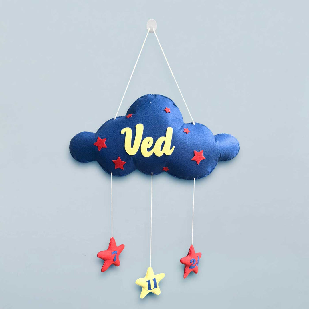 Personalized Cloud Theme Felt Kids Name Plate And Toy Basket 1 - Hanging Display with Name Personalization