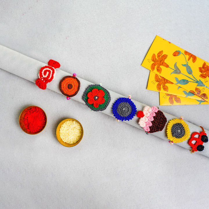 Handcrafted Mandala Crochet Rakhi With Roli Chawal For Kids 2 - Arranged with Traditional Items