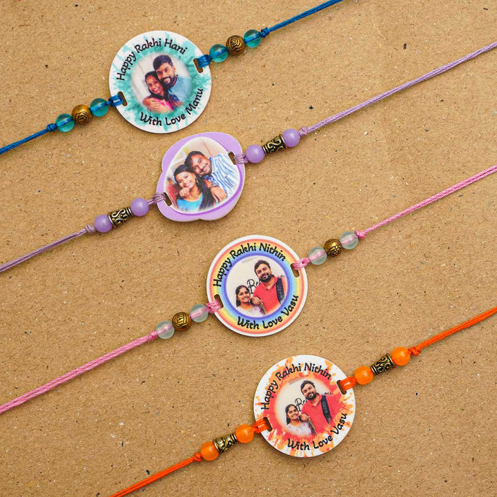 Photo Personalized Handmade Color Spalsh Acrylic Rakhi With Roli Chawal - Multiple Photo Rakhis Display