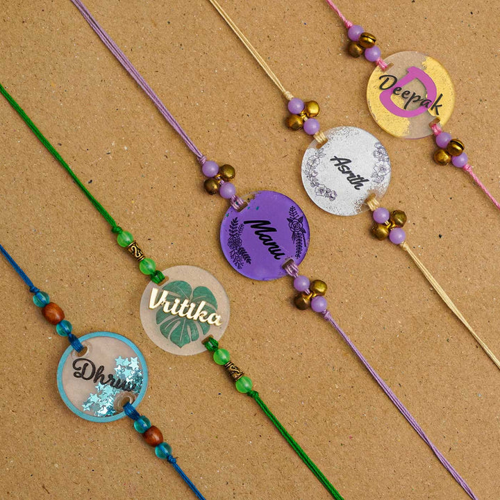 Personalized Handmade Leaf Acrylic Rakhi With Roli Chawal - Multiple Name Personalized Rakhis Display