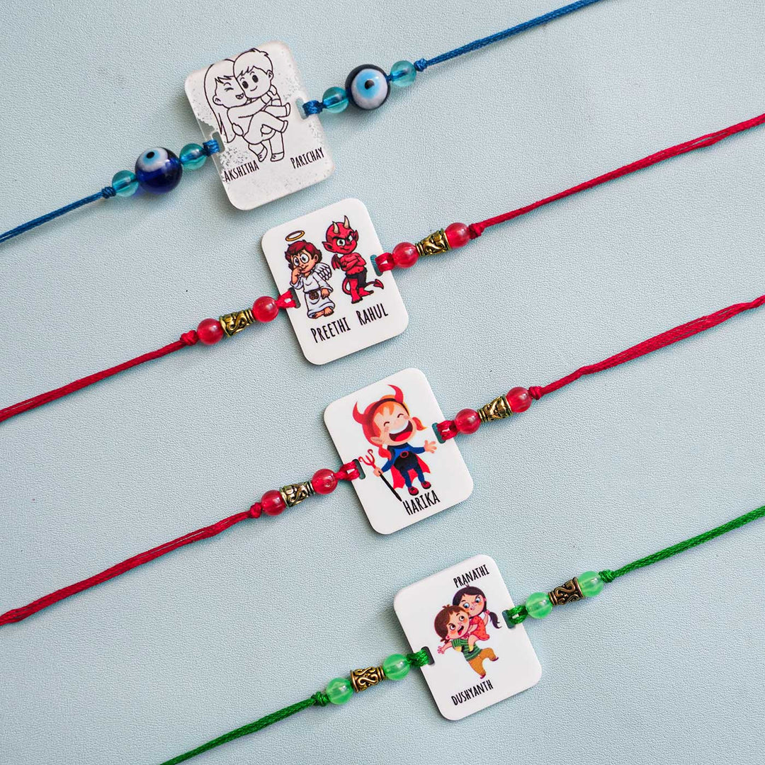 Personalized Handmade Printed Bro And Sis Acrylic Rakhi With Roli Chawal - Group Display of Multiple Designs