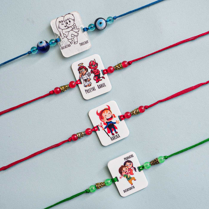 Personalized Handmade Printed Bro And Sis Acrylic Rakhi With Roli Chawal - Group Display of Multiple Designs