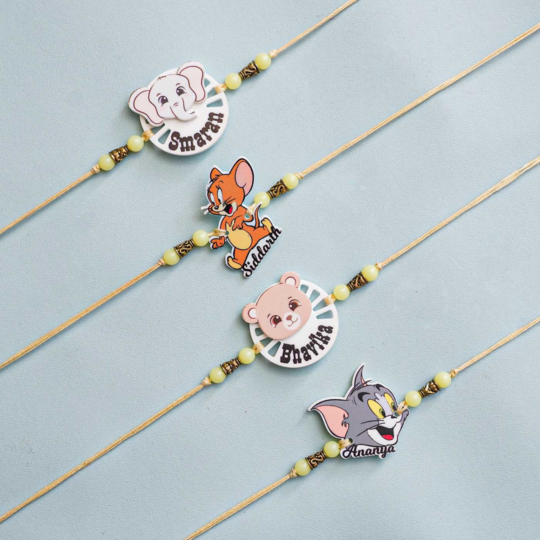 Personalized Handmade Tom And Jerry Acrylic Kids Rakhi With Roli Chawal - Group Display of Multiple Rakhis