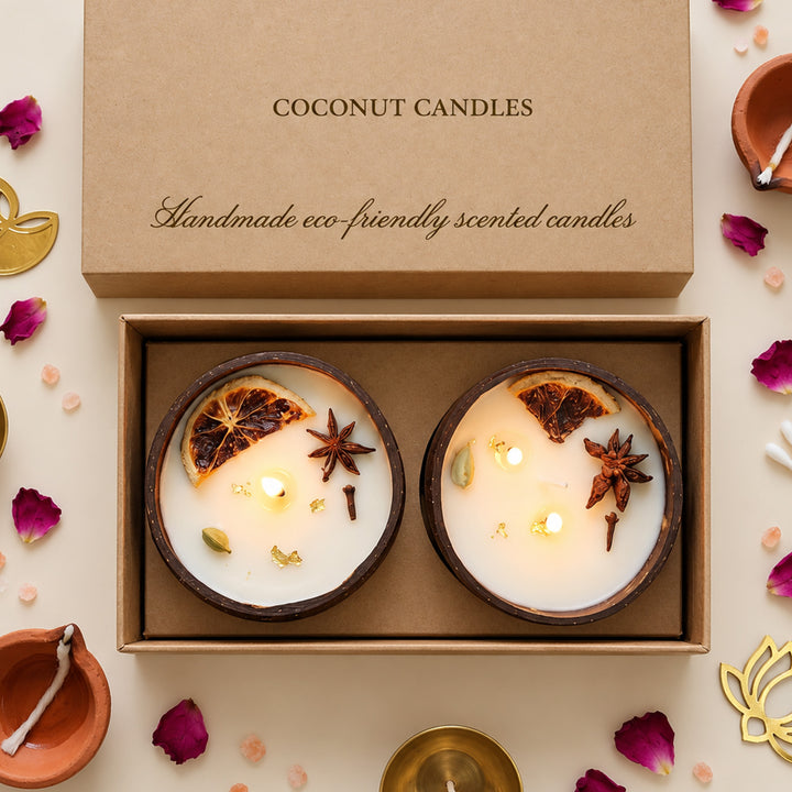 2 pc | Handmade Polished Coconut Shell Soy Wax Candle For Home Decor