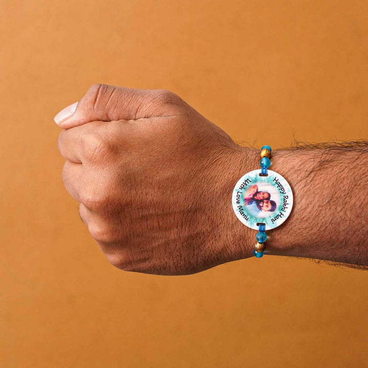 Photo Personalized Handmade Color Spalsh Acrylic Rakhi With Roli Chawal - Rakhi Worn on Wrist (6)