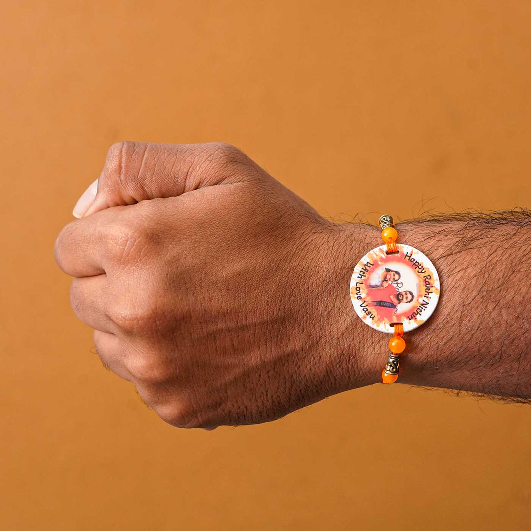 Photo Personalized Handmade Color Spalsh Acrylic Rakhi With Roli Chawal - Rakhi Worn on Wrist