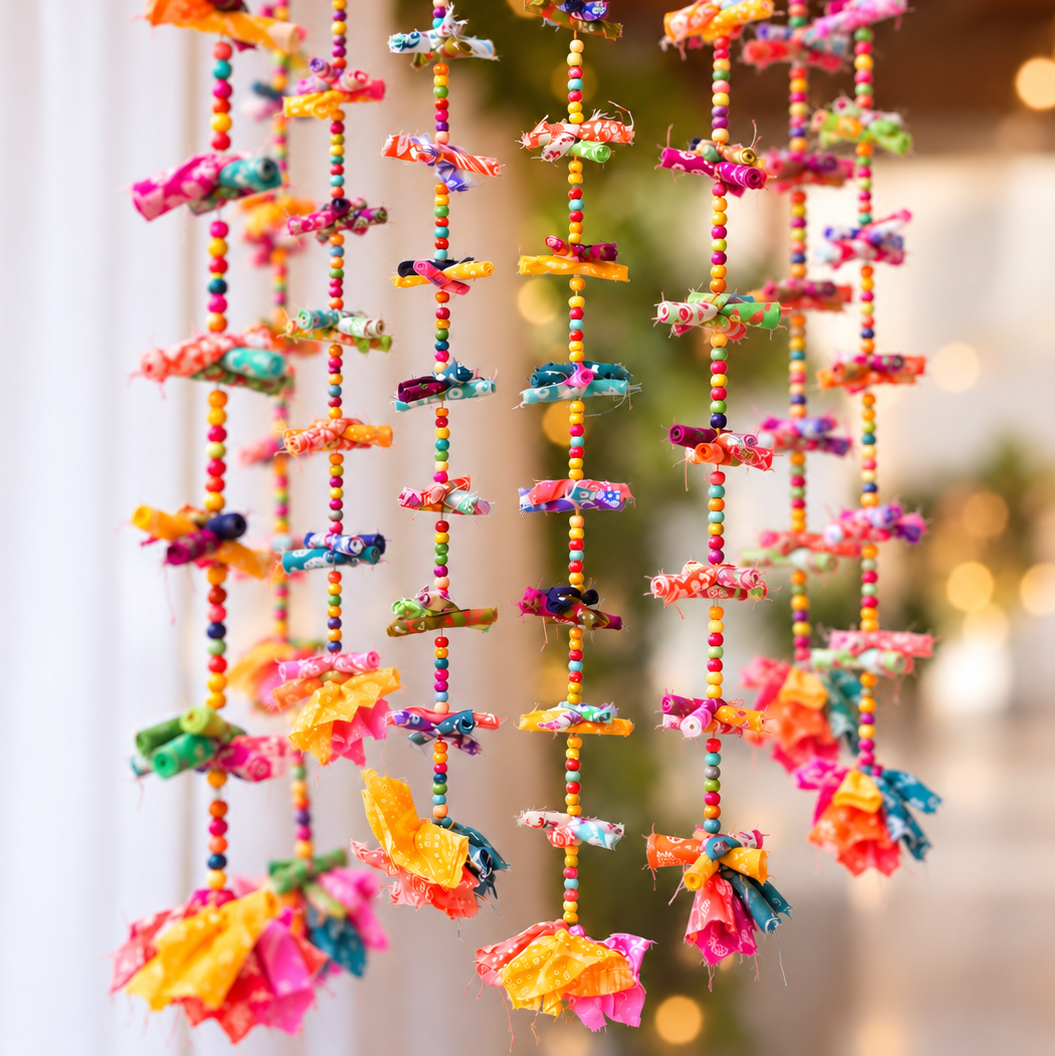 2 Pc |  Upcycled Multicolour Chindi Fabric Door Hangings with Wooden Beads