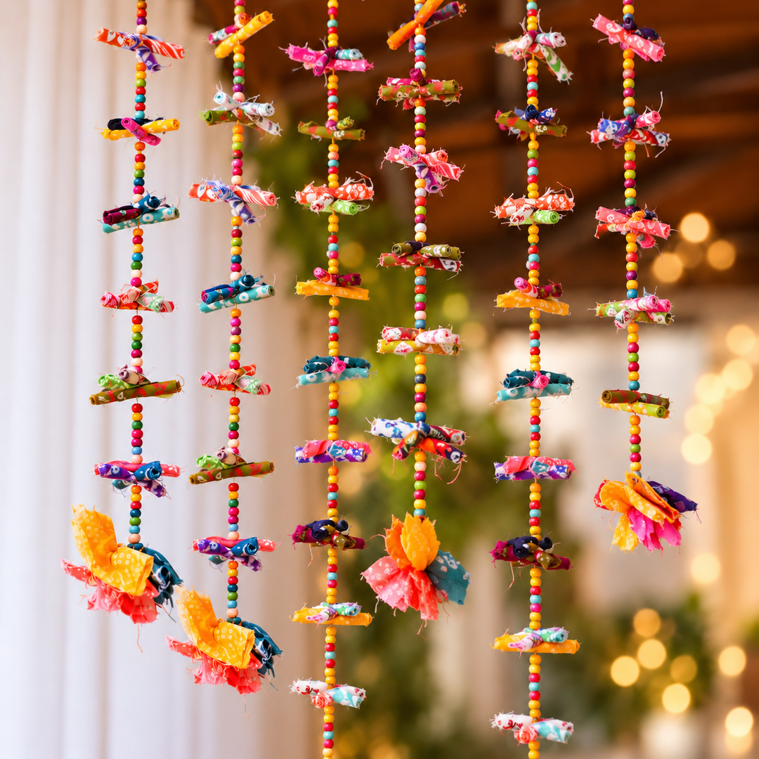 2 Pc |  Upcycled Multicolour Chindi Fabric Door Hangings with Wooden Beads