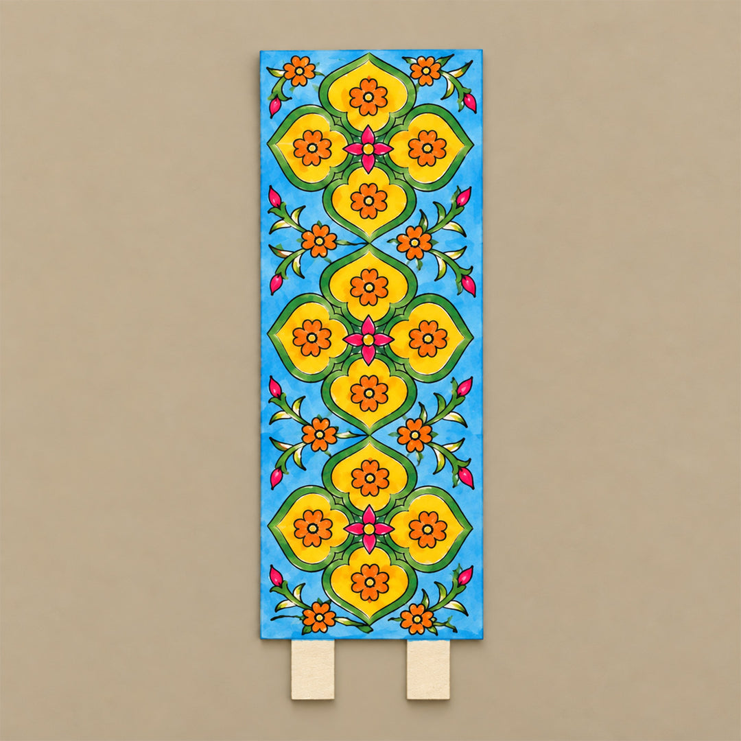 Hand-Painted Blue & Yellow Pottery-Inspired Tiles Parchment Leather Votive Tealight Holder with Channapatna Base