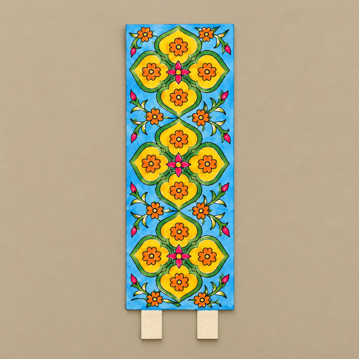 Hand-Painted Blue & Yellow Pottery-Inspired Tiles Parchment Leather Votive Tealight Holder with Channapatna Base