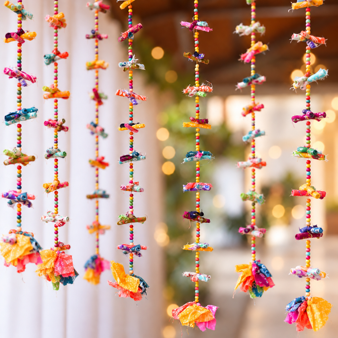 2 Pc |  Upcycled Multicolour Chindi Fabric Door Hangings with Wooden Beads