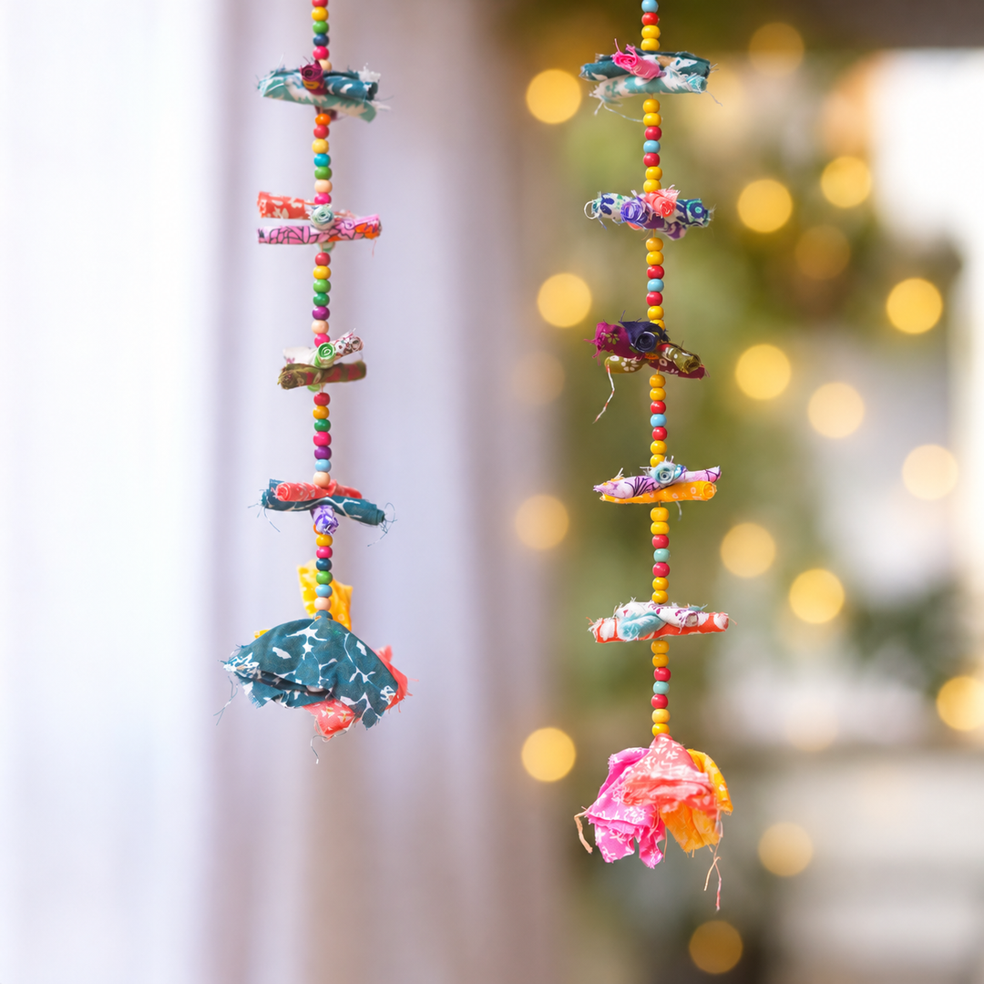 2 Pc |  Upcycled Multicolour Chindi Fabric Door Hangings with Wooden Beads