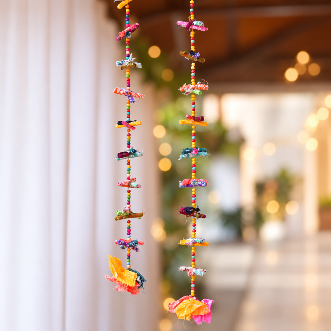 2 Pc |  Upcycled Multicolour Chindi Fabric Door Hangings with Wooden Beads