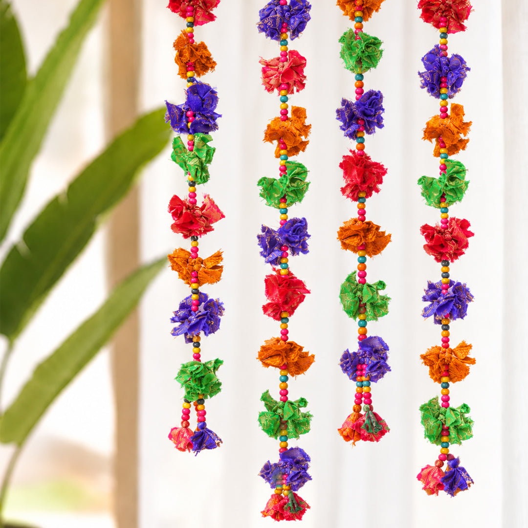 2 Pc |  Upcycled Multicolour Chindi Fabric Phool Door Hangings With Wooden Beads