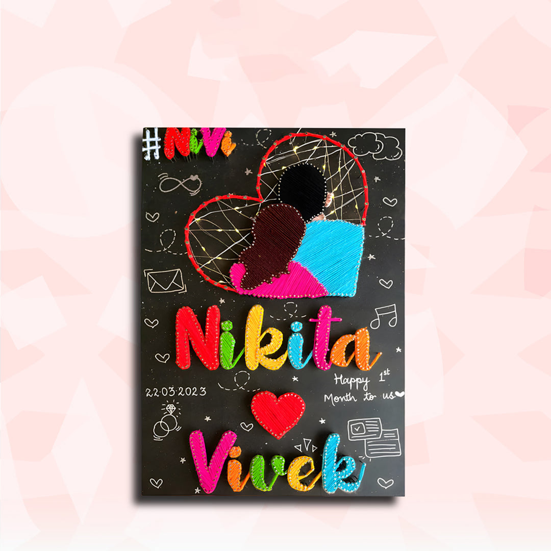 Personalized String Art Connected Hearts Mdf Wood Name Plate For Couples - Front View with Name Personalization