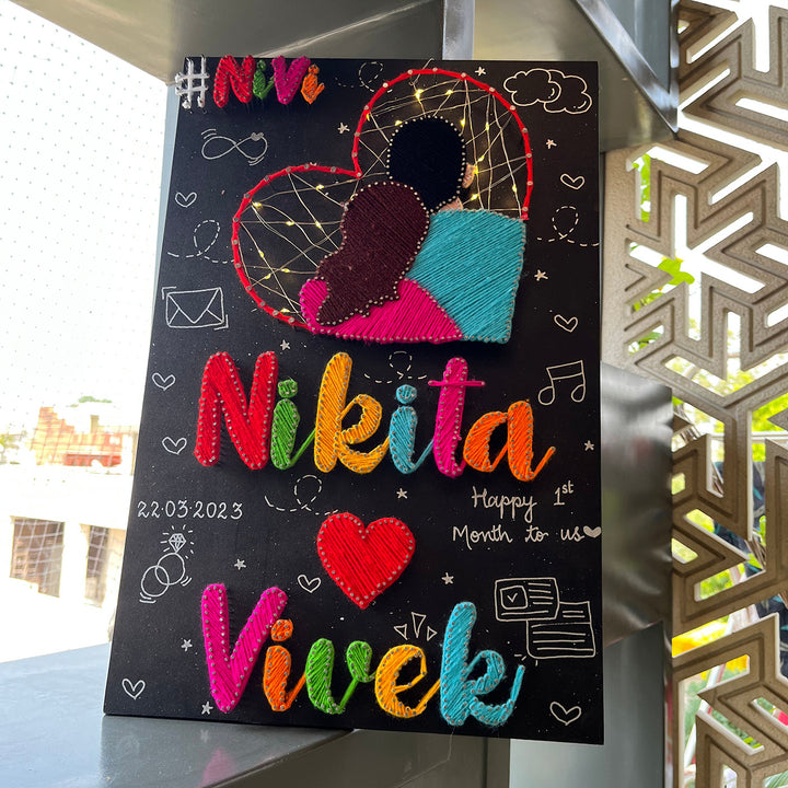 Personalized String Art Connected Hearts Mdf Wood Name Plate For Couples - Personalized Name Display Front View