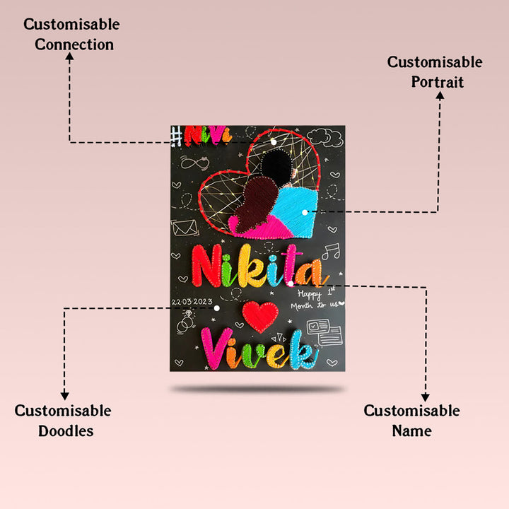 Personalized String Art Connected Hearts Mdf Wood Name Plate For Couples - Name Personalization Example with Customizable Elements