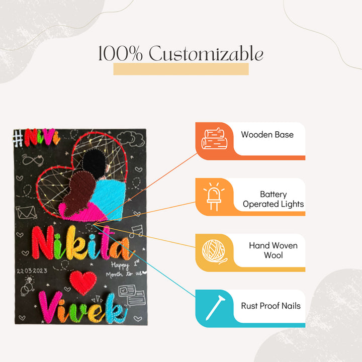 Personalized String Art Connected Hearts Mdf Wood Name Plate For Couples - Customization Features Highlighted