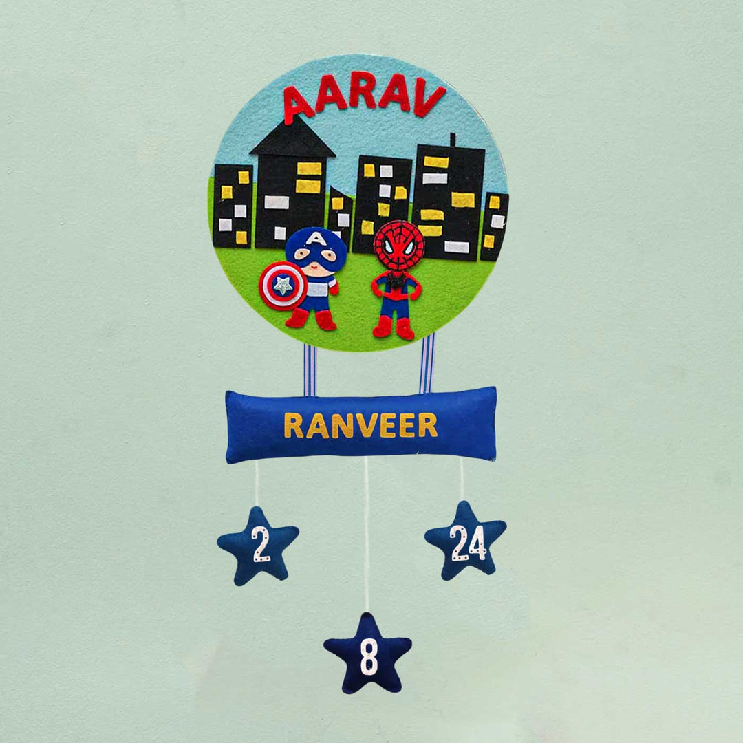 Personalized Handmade Superhero Theme Felt Hoop Name Plate - Hanging Front View with Personalization