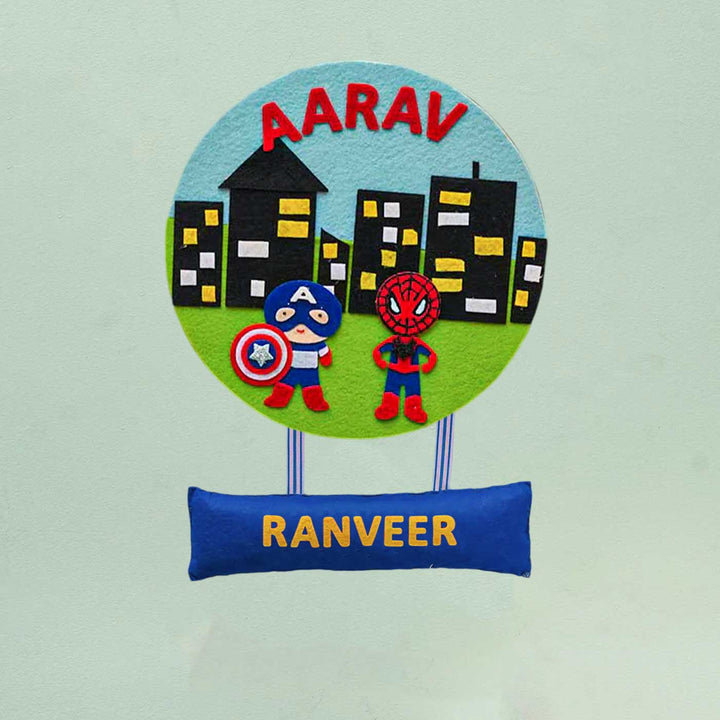 Personalized Handmade Superhero Theme Felt Hoop Name Plate - Hanging Wall Decoration with Names