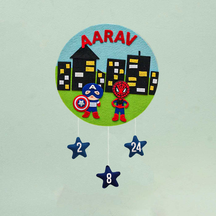 Personalized Handmade Superhero Theme Felt Hoop Name Plate - Front View with Name Personalization (7)