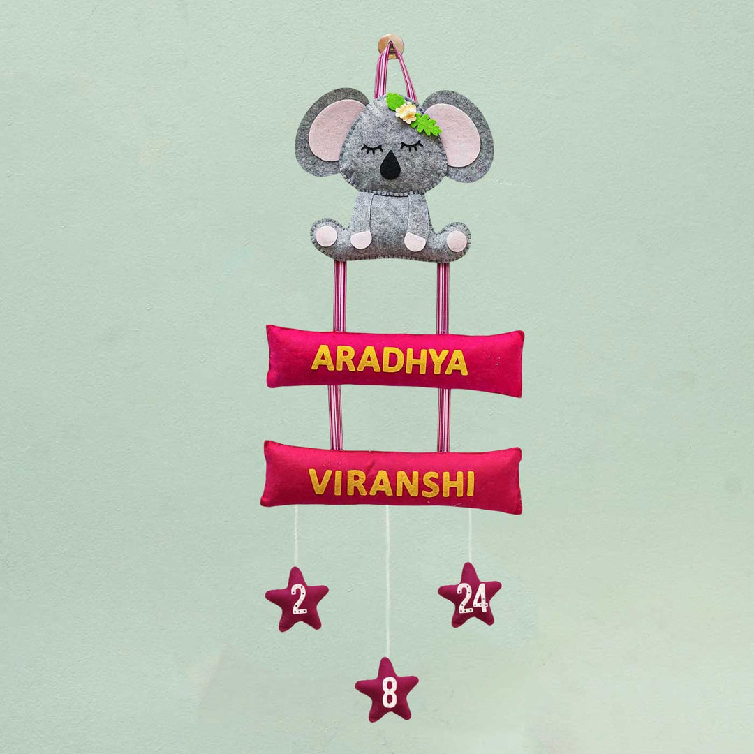 Personalized Handmade Koala Theme Felt Name Plate - Hanging View with Name Personalization