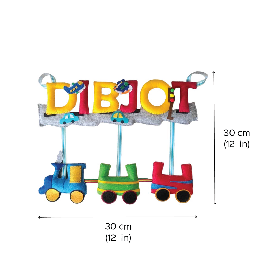 Personalized Handmade Train Theme Felt Name Plate - Front View with Dimensions