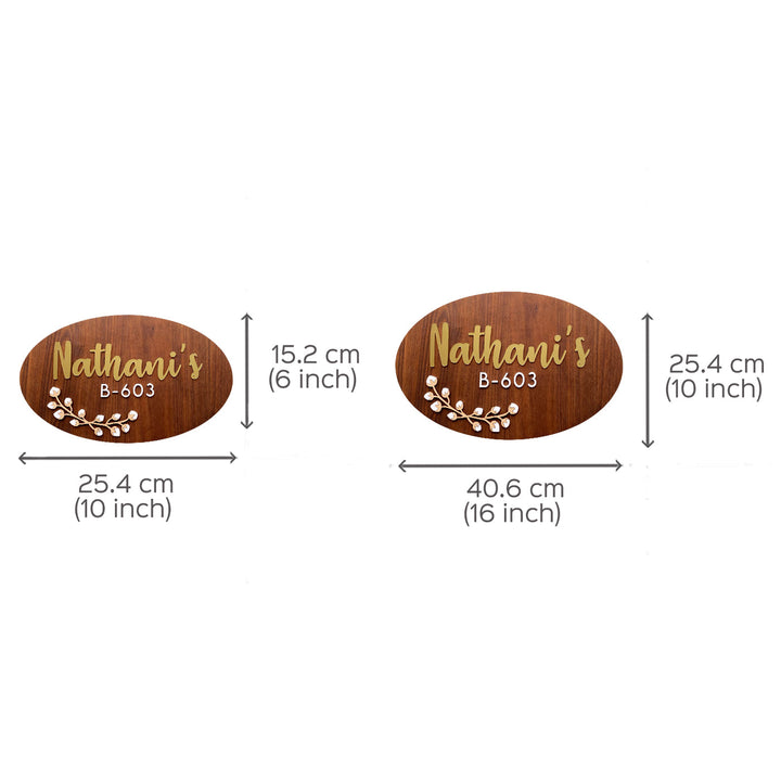 Bengali Personalised Wooden Oval Floral Nameplate - Dimension Chart Showing Size Variants