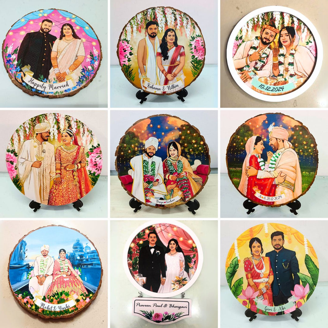 Photo Caricature Hanging Nameplate With 2 Planks Wedding Couples 1 - Grid of personalized round photo plaques
