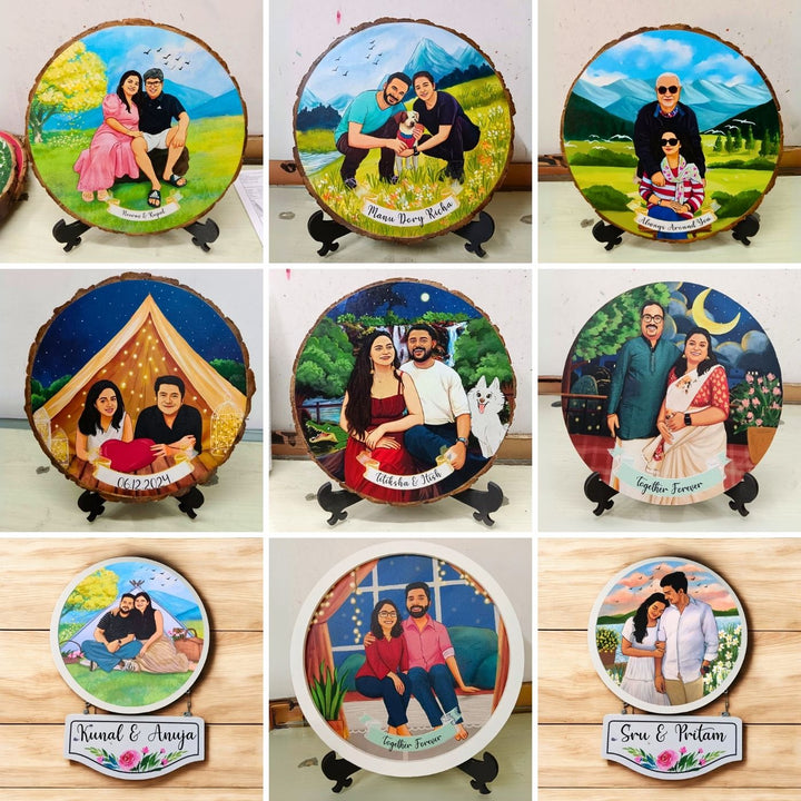 Photo Caricature Hanging Nameplate Couples 1 - Front View on Display Stand