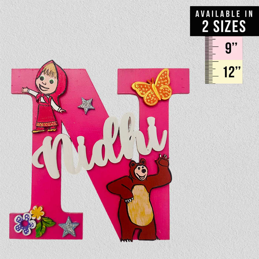 Personalized Hand Painted Masha And Bear Adventure Mdf Wood Monogram With 3D Letters - Front View with Size Guide